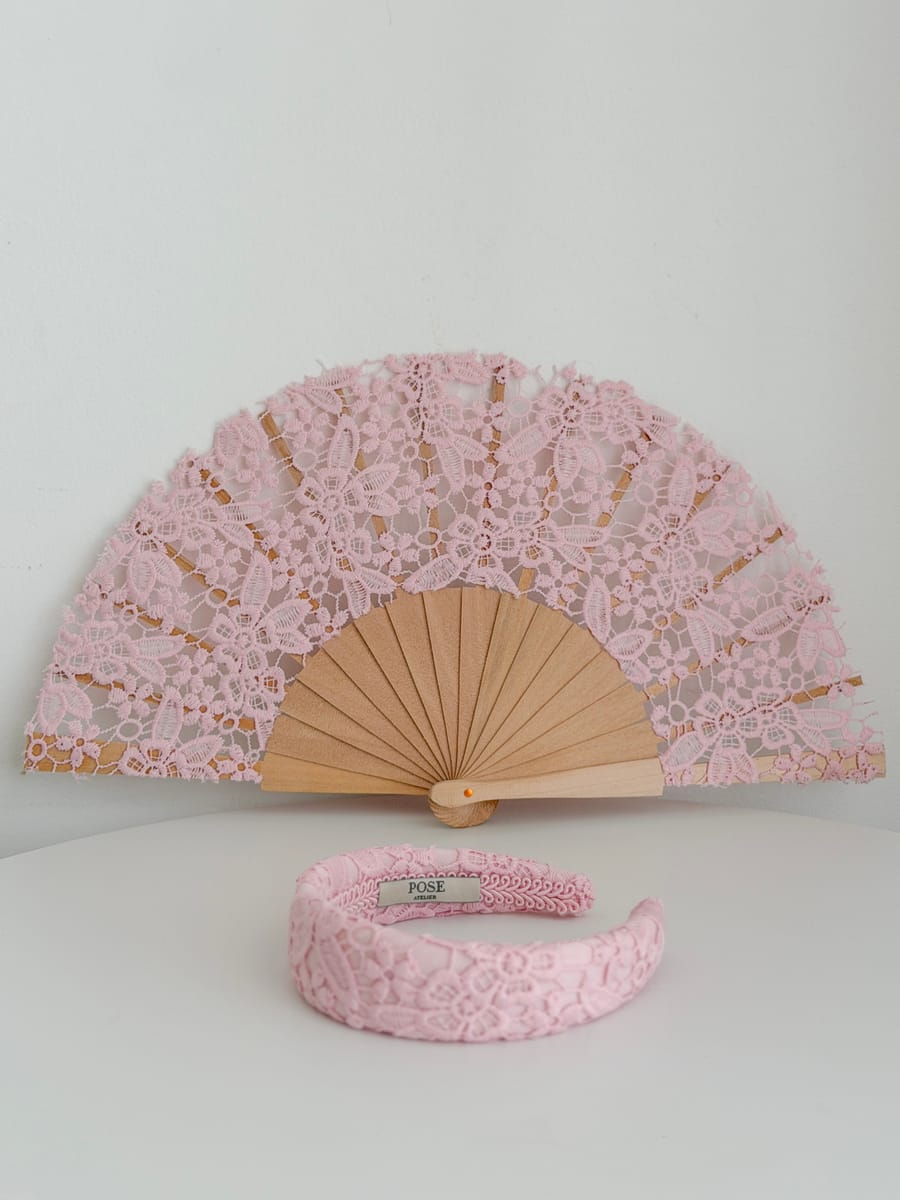 Leque renda guipur rosa